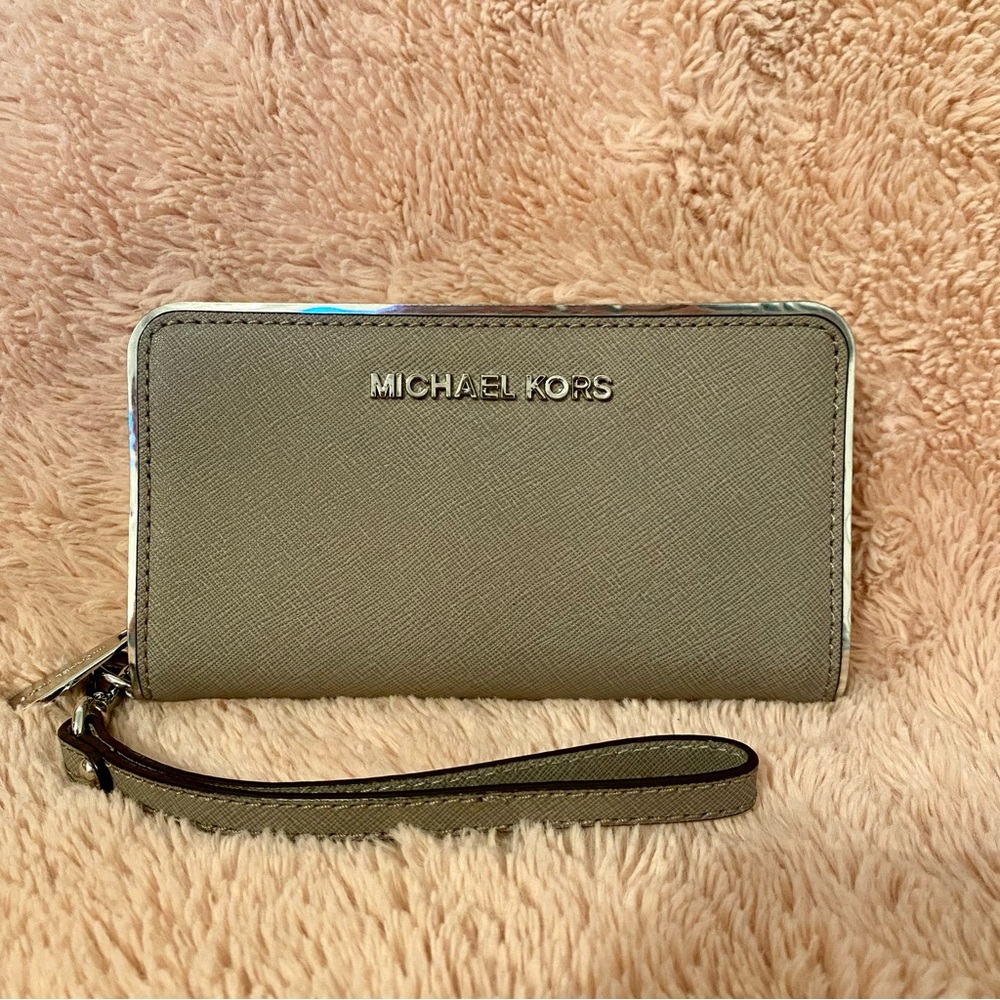 Michael Kors Saffiano Gray Leather Zip Around Wallet Wristlet